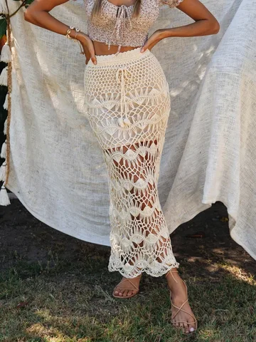 Aproms Bohemia Crochet Kintted Long Maxi Skirt Women Vintage Cotton Hollow Out Skirts Ladies Summer Beach Pencil Skirts 2022