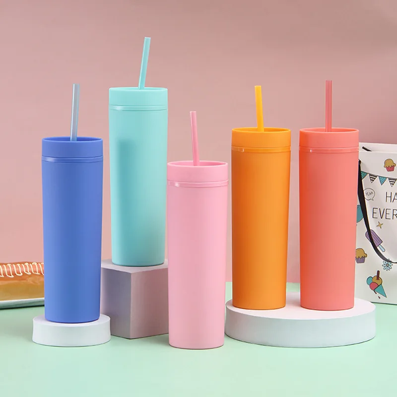 450ml Acrylic Slim Skinny Tumbler Colorful Matte Water Bottle With Lid Straw Double Wall