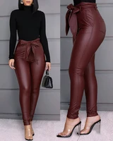 2020 women fashion elegant solid long high waist pencil pants paperbag waist faux leather pants casual belted leather elastic