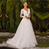 elegant boho wedding dress a line v neck appliques full sleeves split tea length bridal gowns custom for women vestidos de noiva