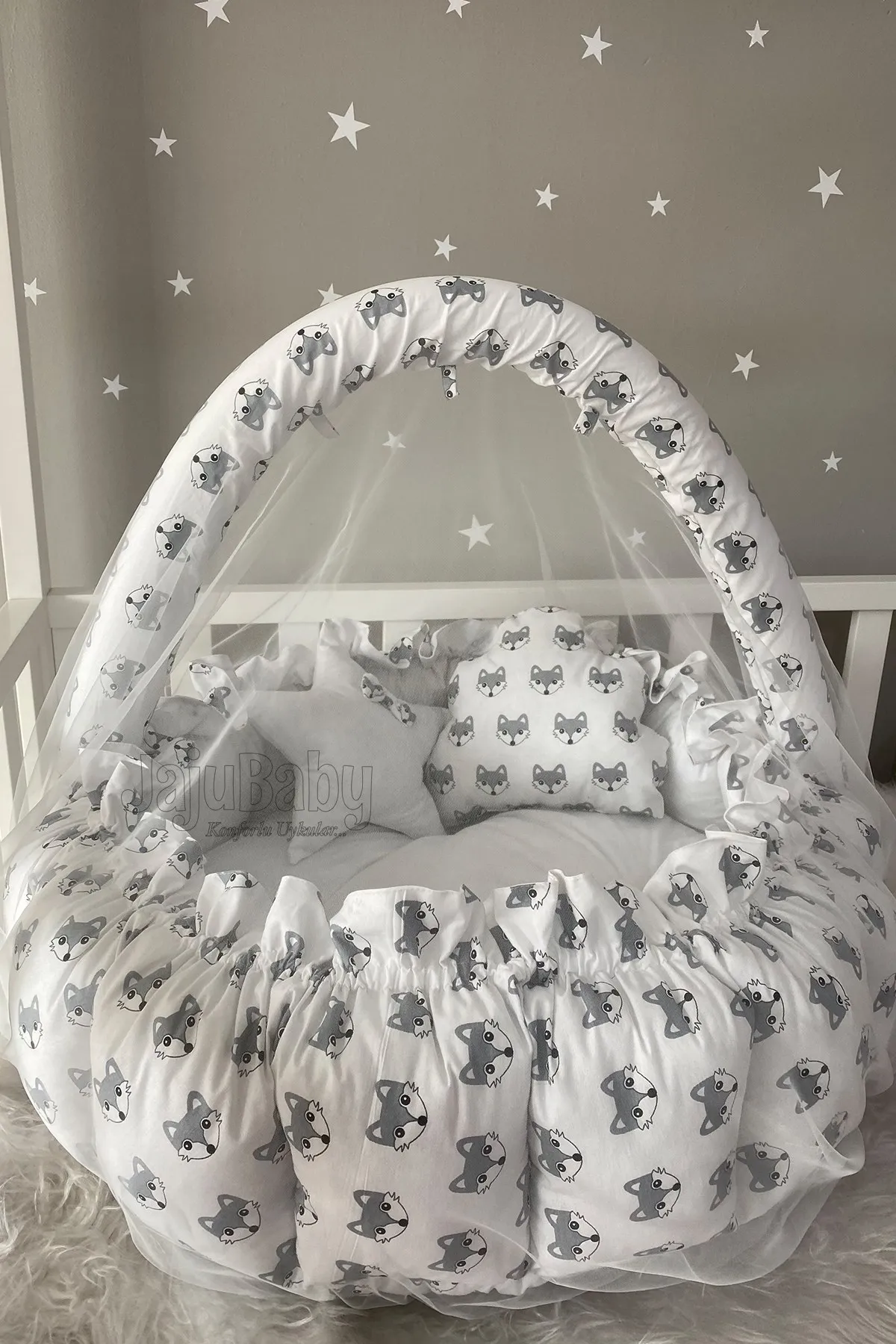 Jaju Baby Handmade Fox Patterned Open-Close Game Mat Babynest with Mosquito Net Apparatus