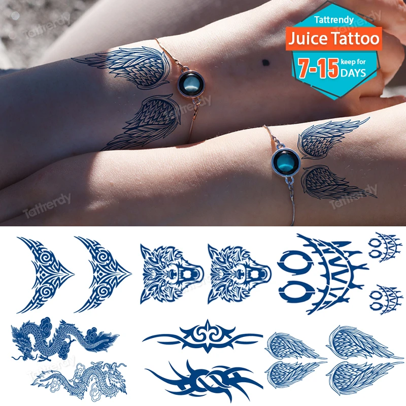 

Juice Lasting Waterproof Temporary Tattoo Sticker Angel Wings Lotus Totem Flash Tatto Sexy Girl Body Art Ink Blue Fake Tatoo
