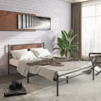 Simplism Metal Bed Frame Queen Size Noise Free Design Rustic Brown[US-Stock]