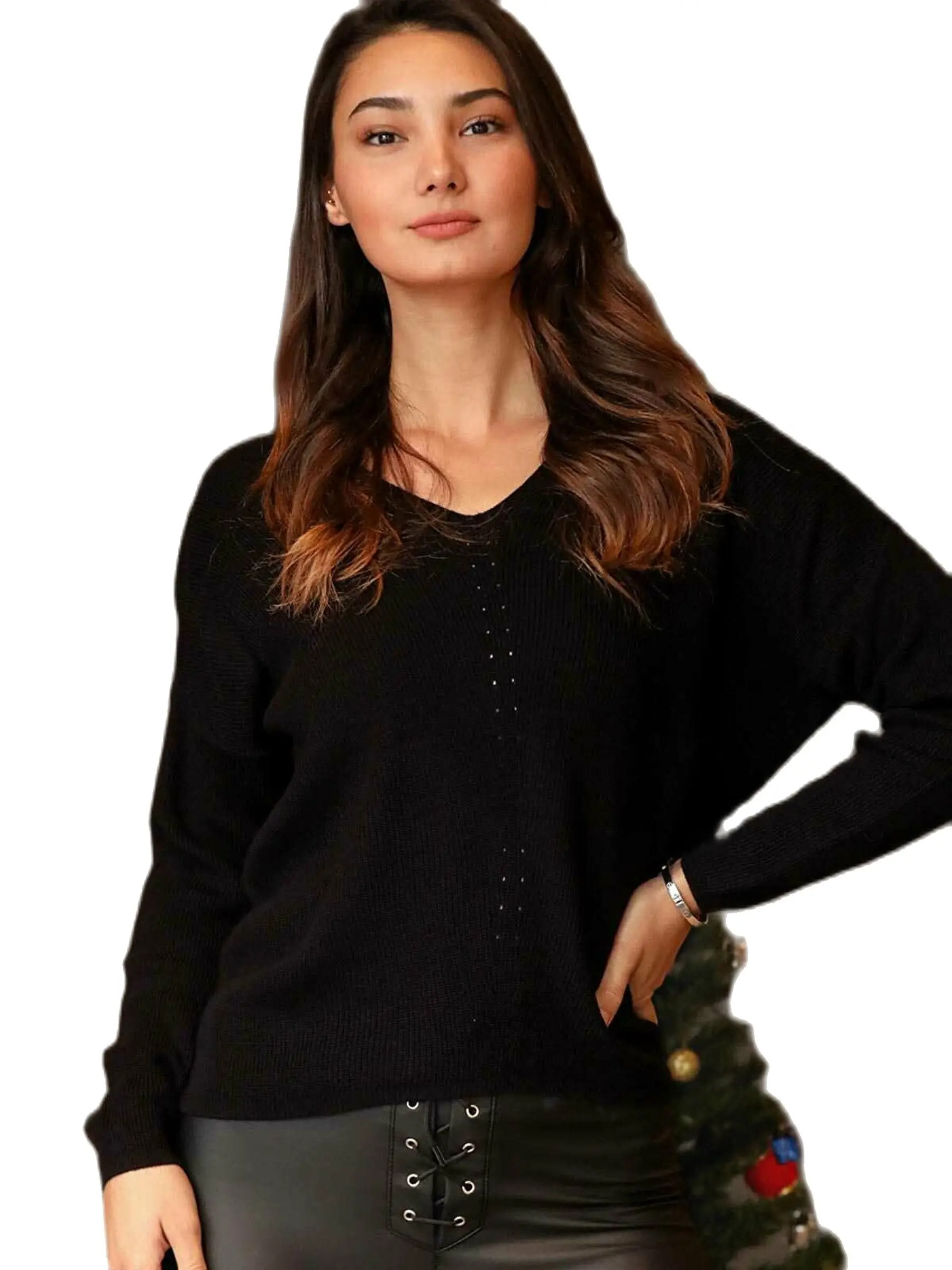 

V-Neck Women Black Sweater Autumn Winter Season 2021 Fashion Sexy Hot Casual Lady Outside Acrylic Fabric