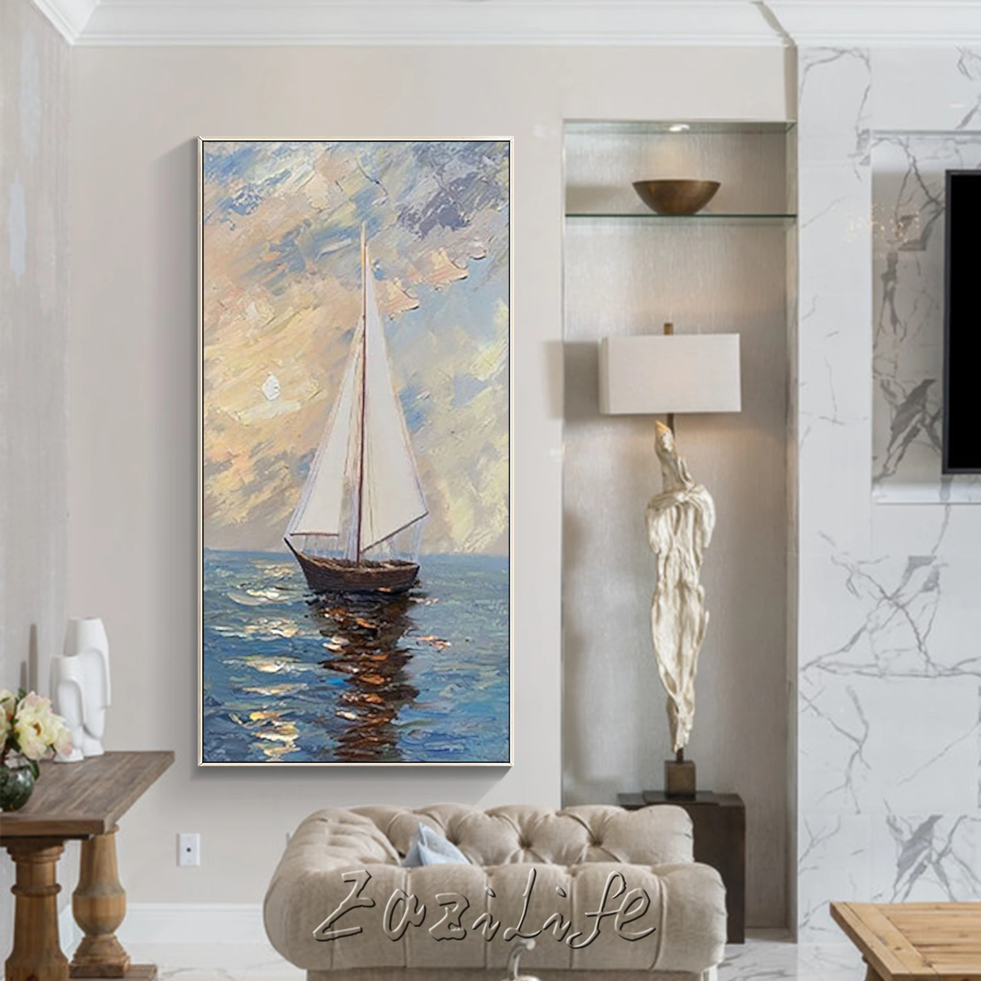 Парусная морская пейзаж акриловая живопись на холсте Настенная картина в рамке