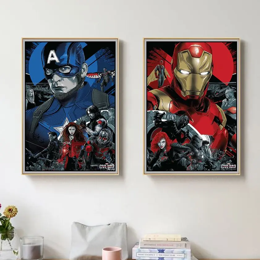 

Marvel Avengers Iron Man And Captain America Civil War Movie Poster Superhero Canvas Painting Wall Art Kids Room Home Decoration