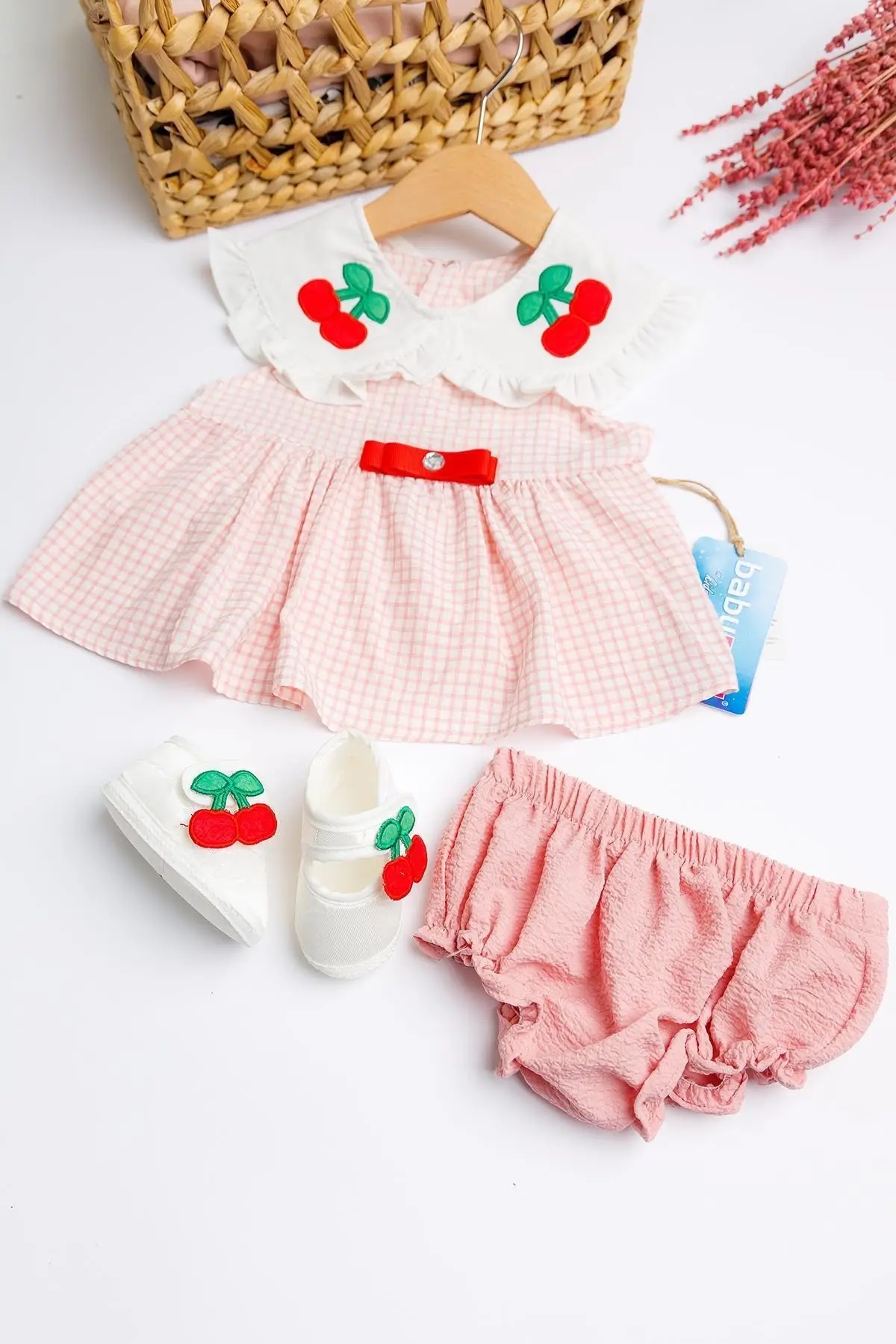 

Flaneur Baby Girl Sleeveless Cherry Embroidered Dress Set For Summer Special Occasion Premium Quality Cotton Lining