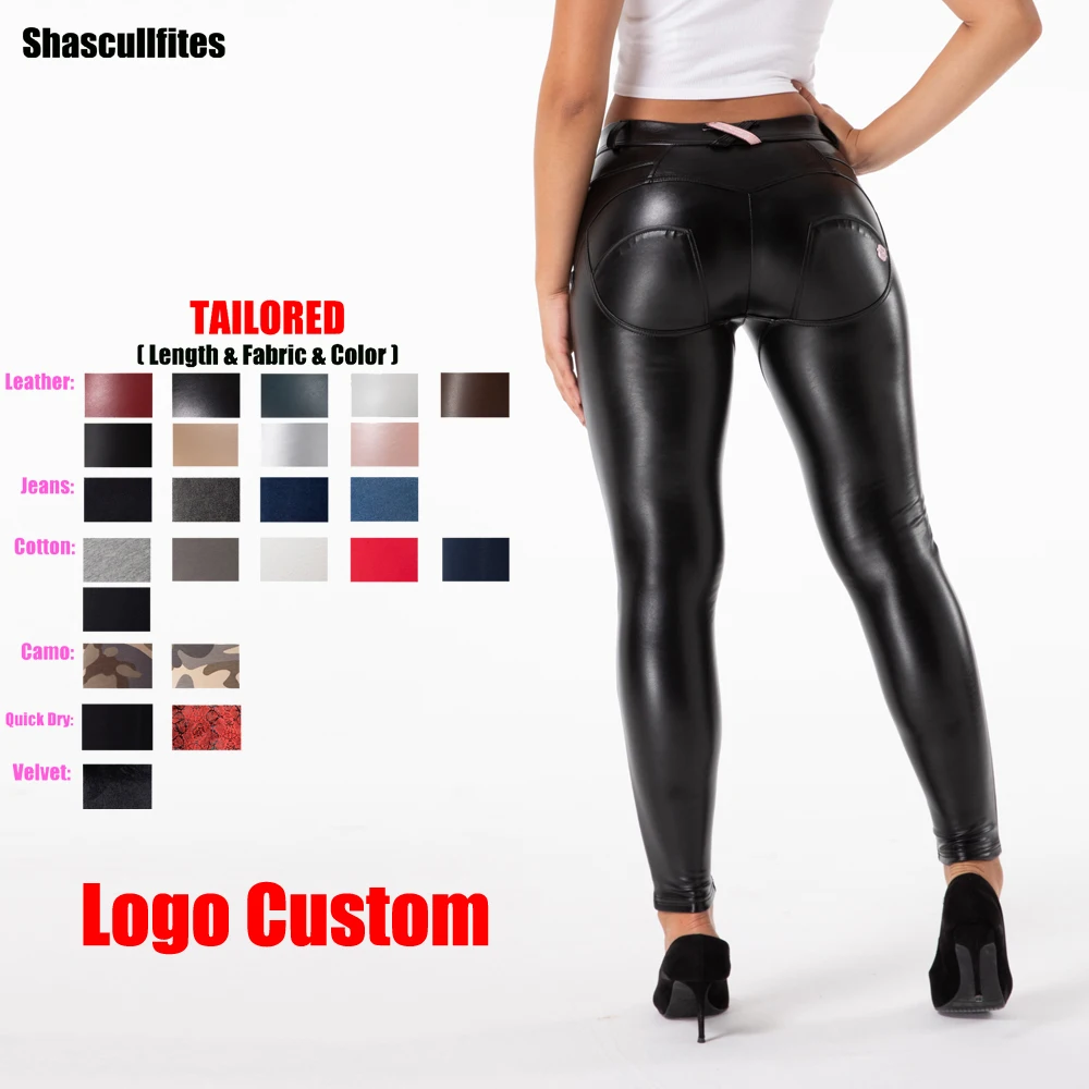 Shascullfites Melody Tailored Pants Women Logo Custom Long Glossy Black Middle Waist Leather Leggings Booty Lift Leggings
