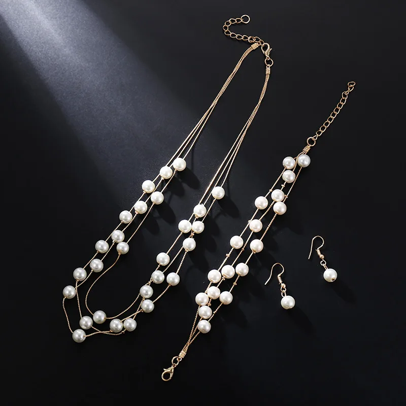 1 Set Simulated Pearl Beaded Multilayer Necklace Dangle Earrings Bracelet Korean Fashion Bridal Wedding Accessories Jewelry | Украшения и