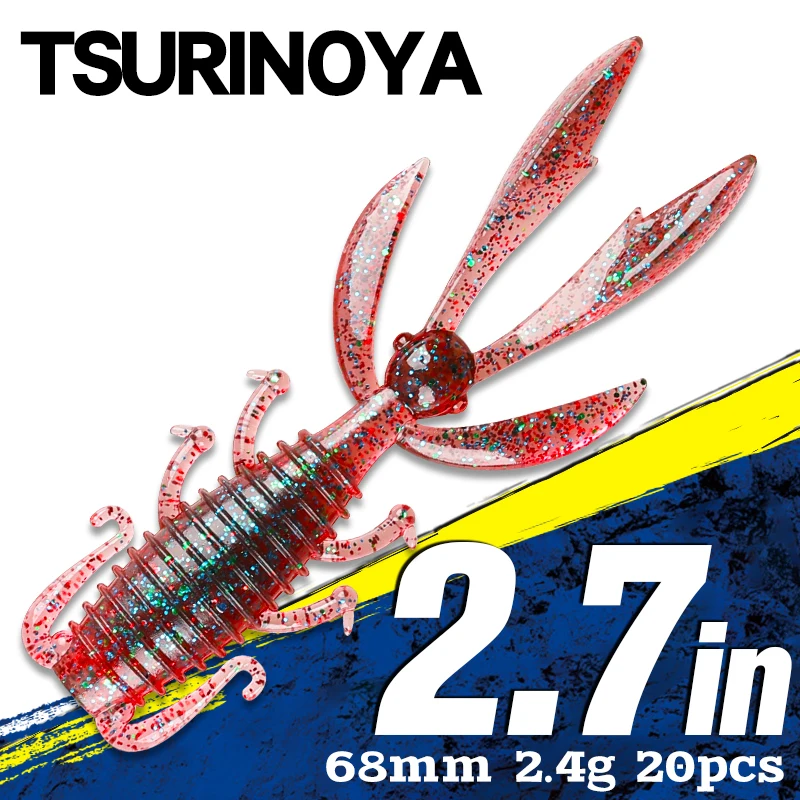 

TSURINOYA, 2,4 дюйма, креветка, флейта 68 мм, г, 20 шт., оригинальная силиконовая флейта