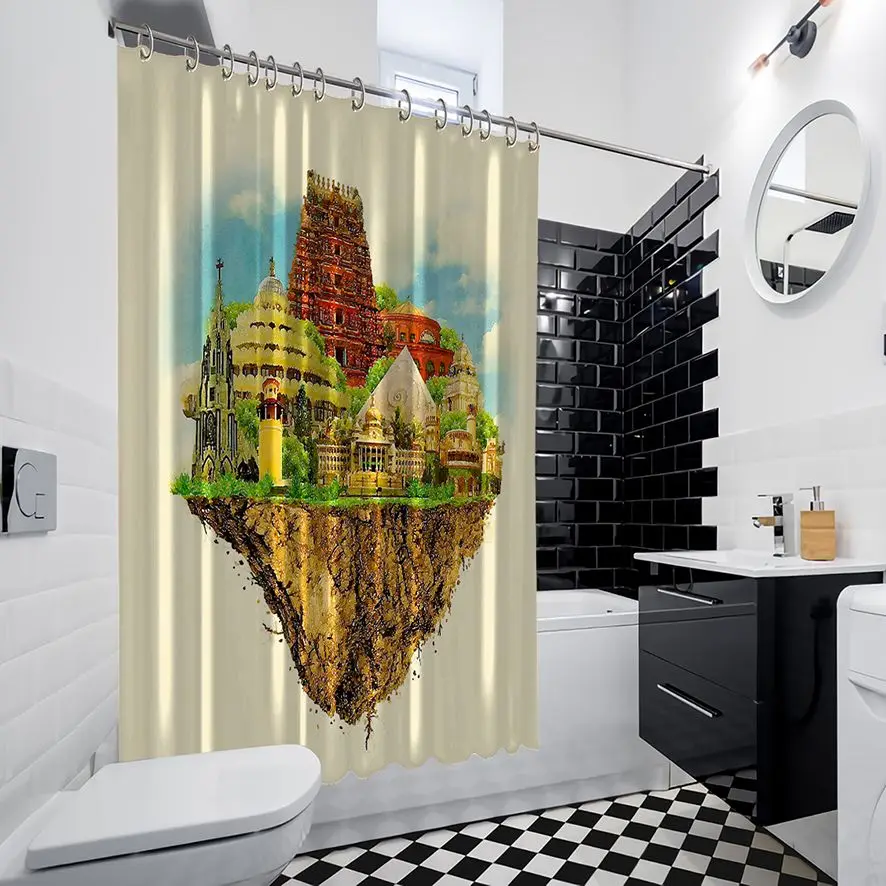 Душ занавеска дерево плавающий остров горячий воздушный шарик и самолет в небе