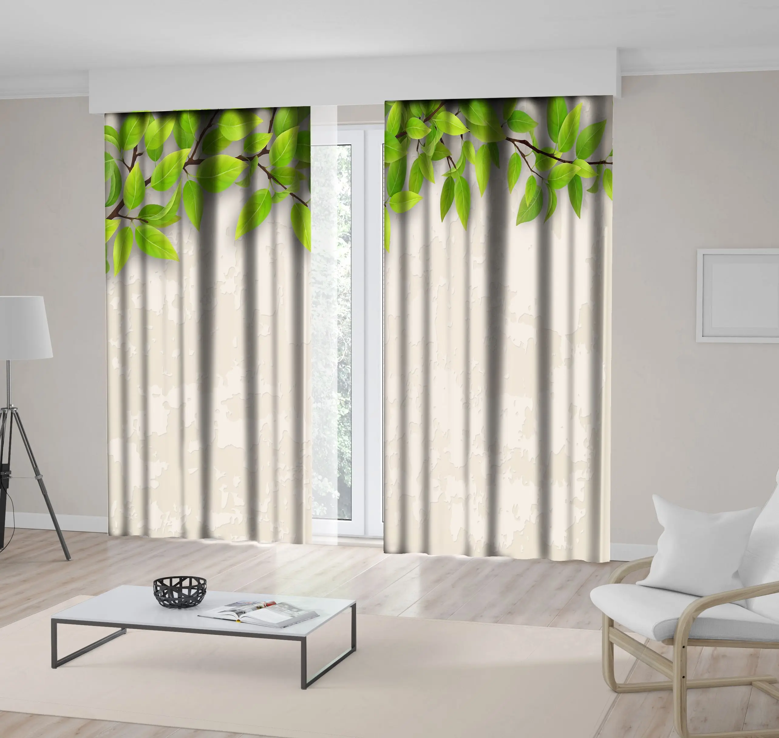 

Curtain Tree Branch Foliage on Old Wall Countryside Summer Garden Outdoor Nature Artwork Green Beige