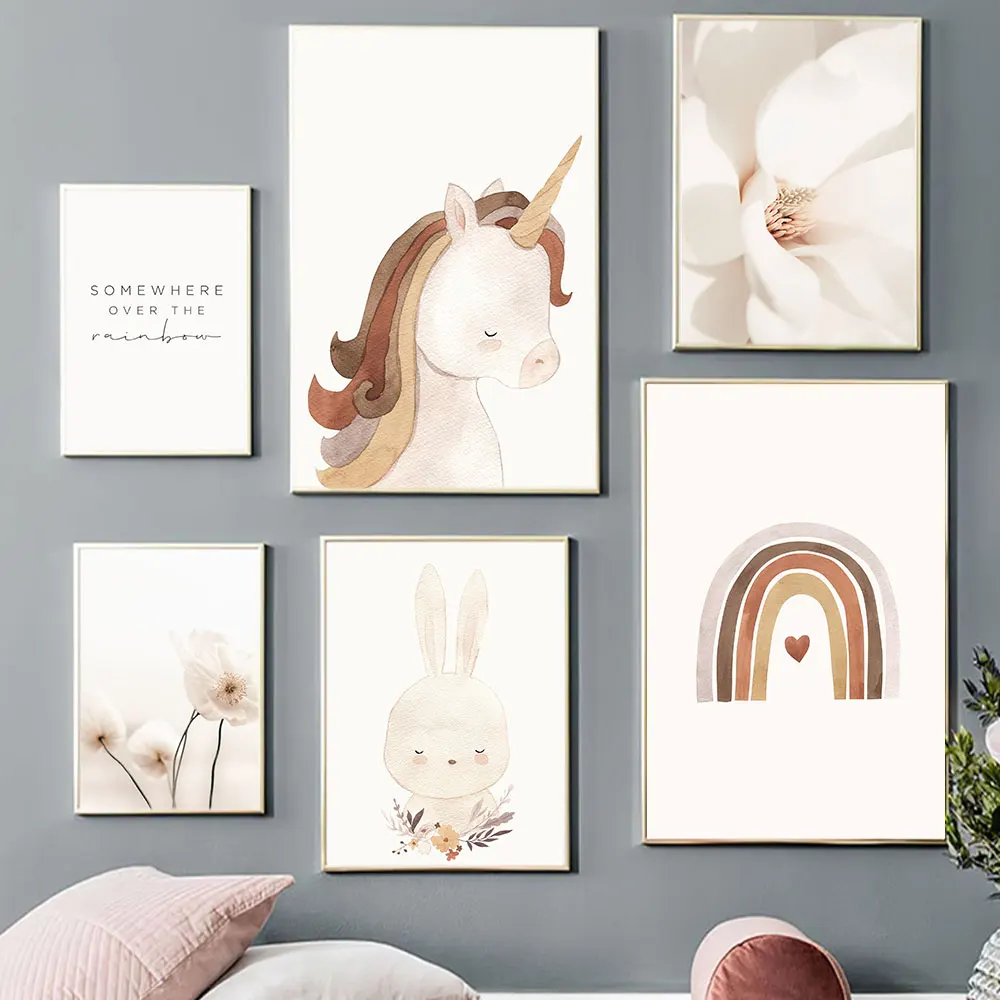 

Nordic Nursery Poster flower Rainbow Heart Wall Art Print Rabbit Unicorn Canvas Painting Boho Decor Pictures Baby Kids Room