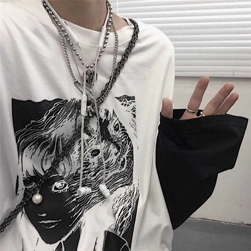 NiceMix Harajuku футболка женская поддельная 2 шт. принт японский Fujiang Ужасы комиксы длинный рукав рубашка Женская Vetement Femme