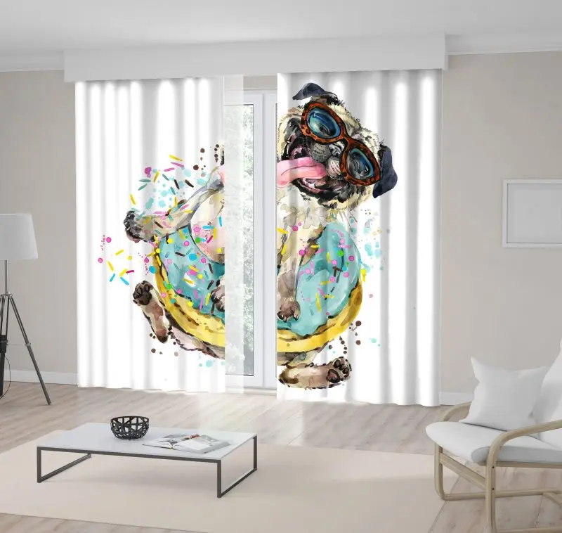 

Curtain Happy Little Dog Puppy with Sunglasses Fun Cartoon Watercolor IIlustration Beige Yellow Blue