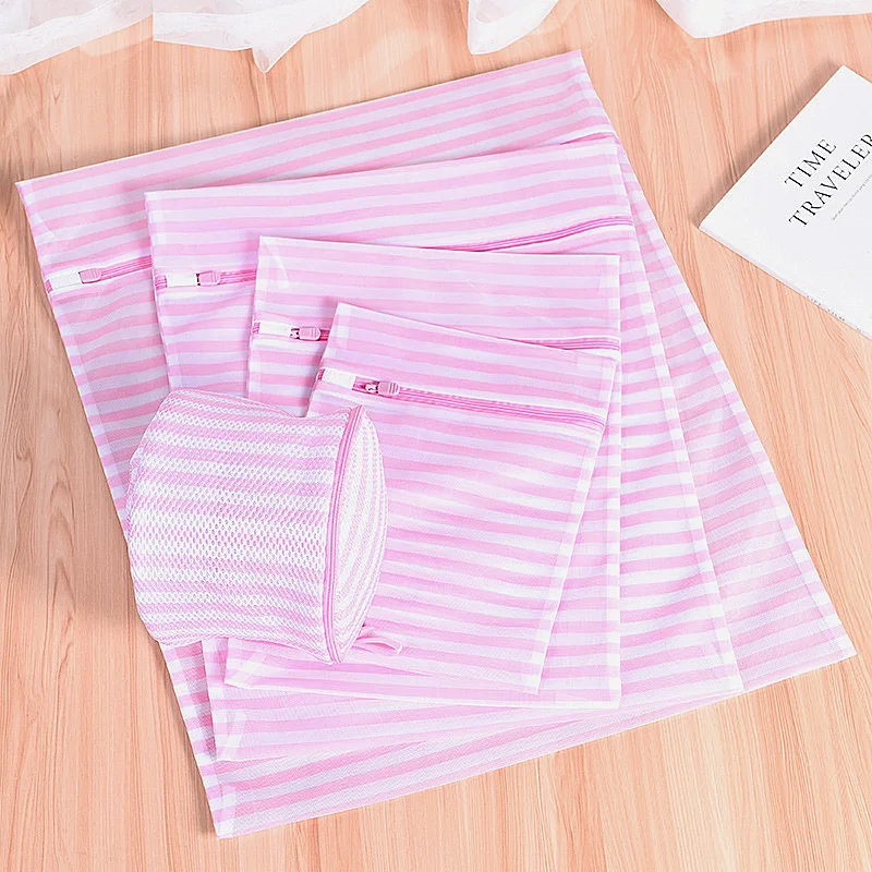 Pink Stripe Polyester Laundry Bag Underwear Bra Delicate Washing Bag Protecting Socks Clothes