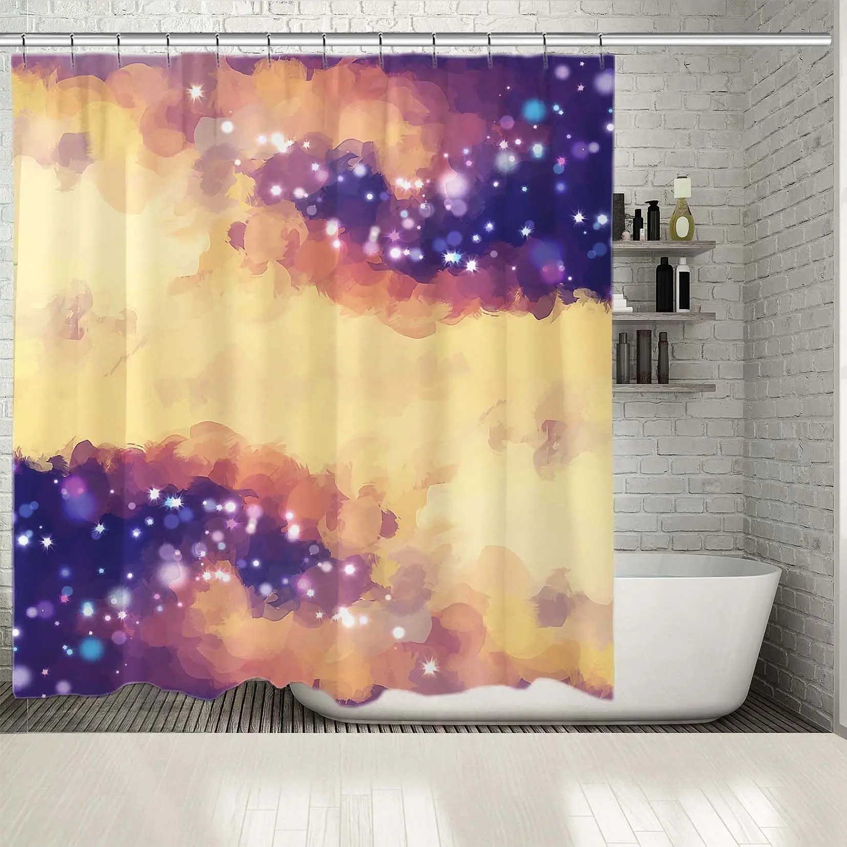 

Shower Curtain Sparkling Stars Puffy Clouds Night Sky View Oil Painting Brush Strokes Art Purple Yellow