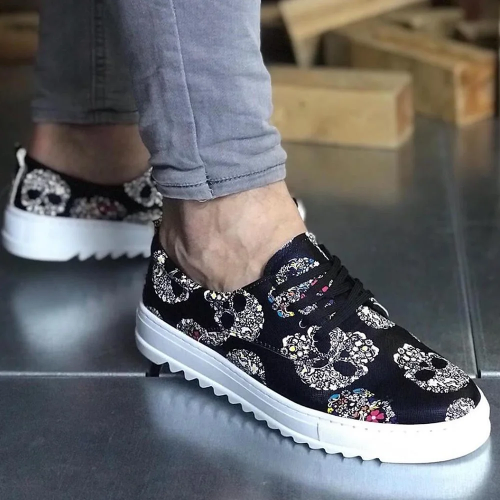 

Knack Casual Men's Black Color Shoes Skull Patterned Lace-up Closure Faux Leather Flexible Lightweight High Sole Summer Spring Seasons Daily Sneakers Durable Flashy Original Outdoor Shoes Quality Luxury Brand T12