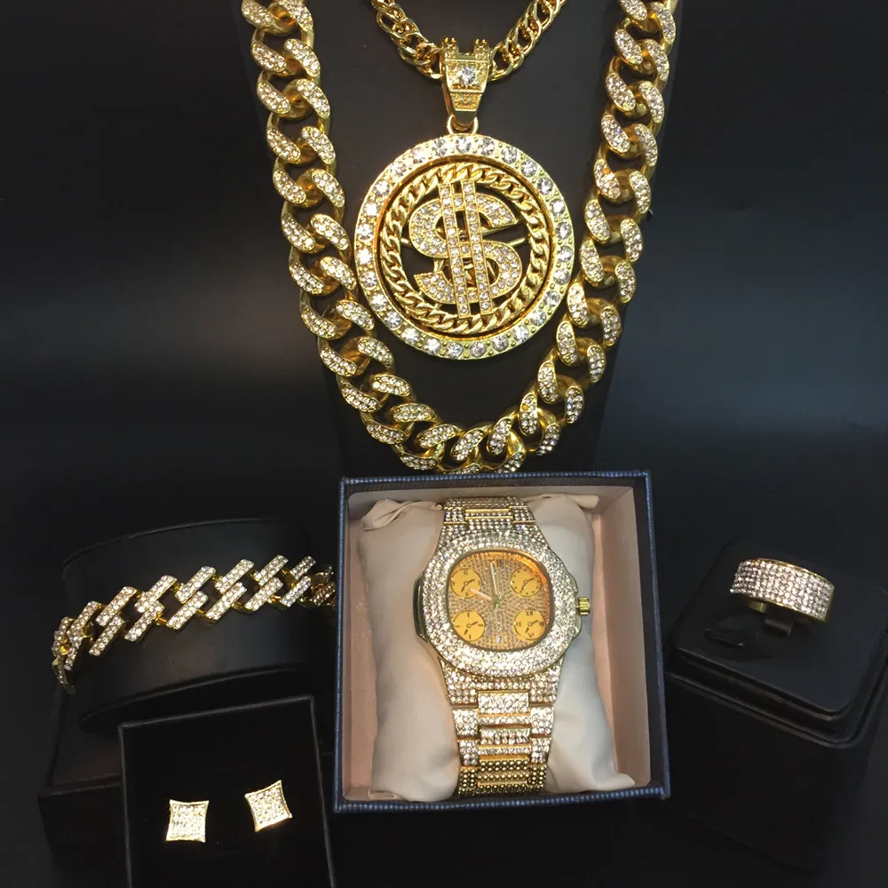Роскошные мужские часы золотого цвета, ожерелье в стиле хип-хоп, мужские часы, ожерелье, браслеты, серьги и кольцо, комплект из кубинской кож...