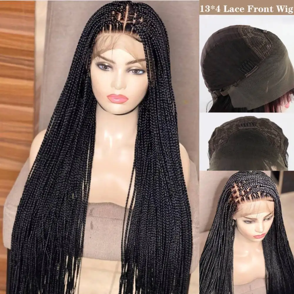 13*4 Box Braided Wigs Lace Front Handmade Micro Braided Straight Synthetic Hair Full Long Braiding Hair Wigs with Baby Hair