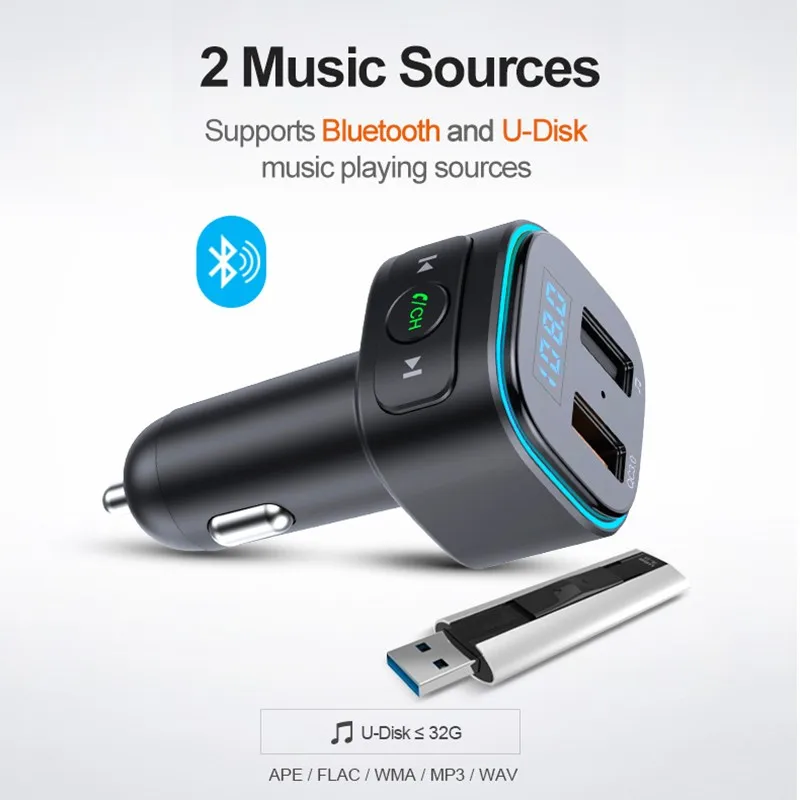 Автомобильный fm передатчик Bluetooth 5 0 Беспроводной MP3 плеер стерео аудио AUX USB QC3.0