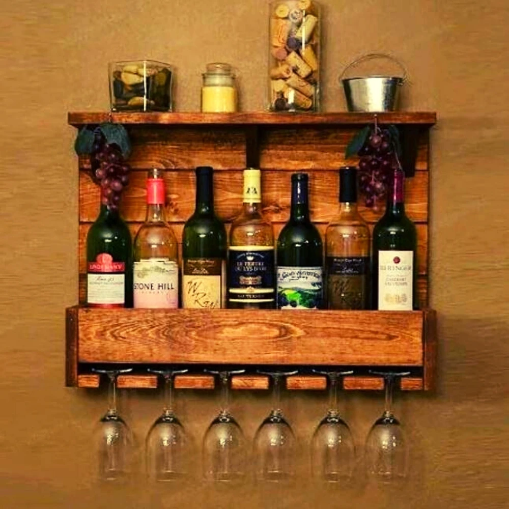 

Винтажная деревянная подставка из дуба, настенная подставка для 2/6 бутылок, подставка для очков для вина, виски, мебели, украшение для дома, ш...
