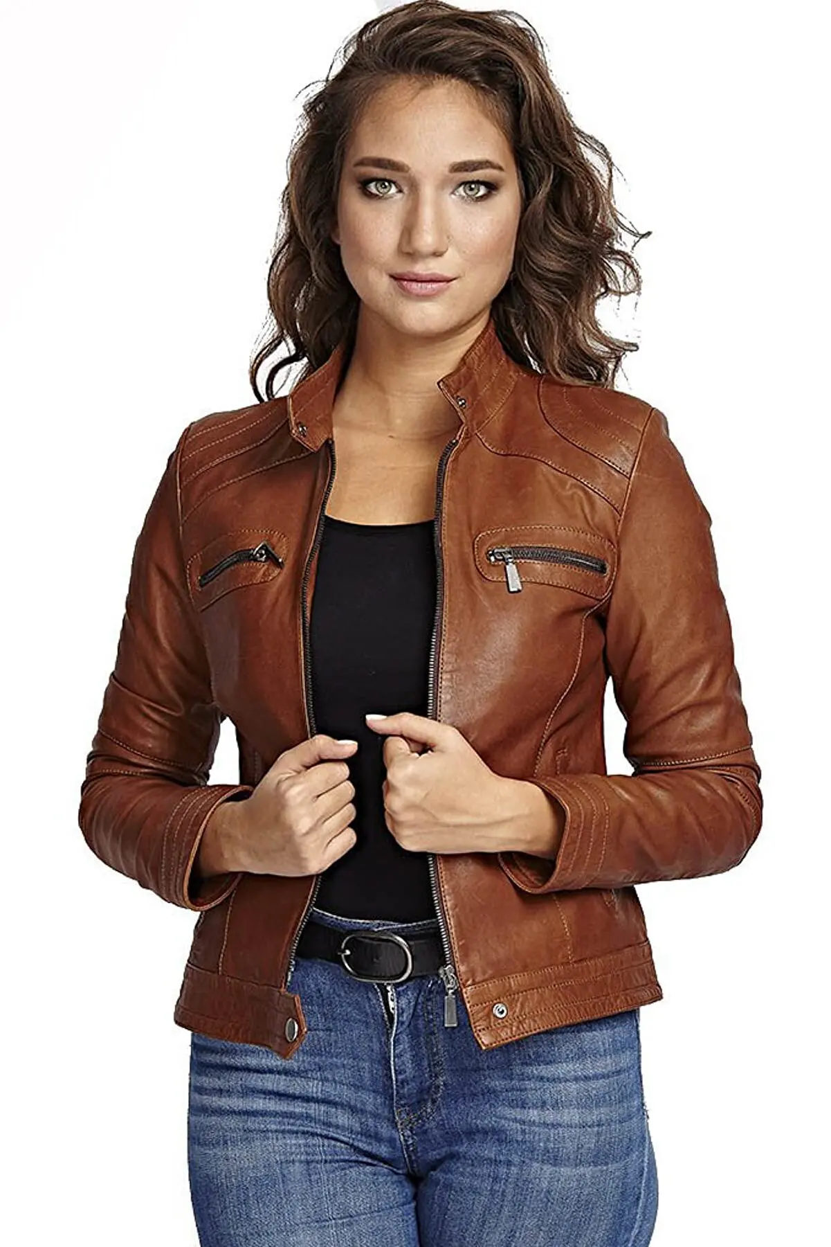 Genuine sheepskin Brown Slim Fit Biker jacket women's sports leather coat Spring and autumn fashion products waterproof