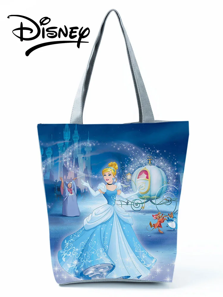 Disney Princess Cinderella Printed Handbags Cartoon Shoulder Bag High Capacity Women Shopping Bag Storage Bag Blue Beach Bag