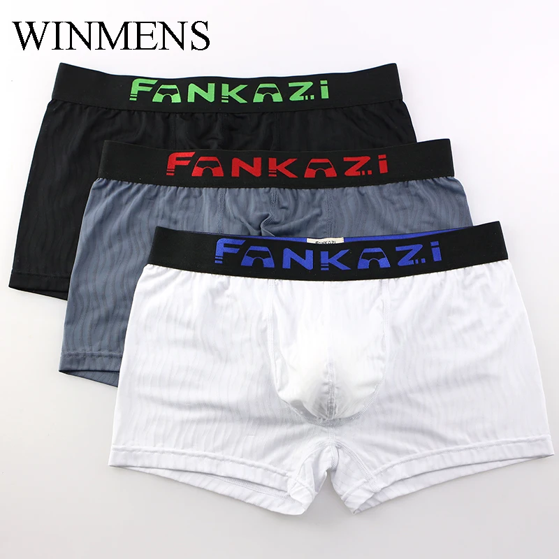 Men's Boxer Shorts Underwear 3 Pcs/Lot Solid Ripple U Convex Male Sexy Big Loose Trunks Panties Close-fitting Breathable