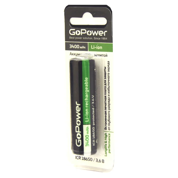 GoPower Аккумулятор Li-ion 18650 (Panasonic NCR18650B) 3 6В 3400мАч с защитной платой
