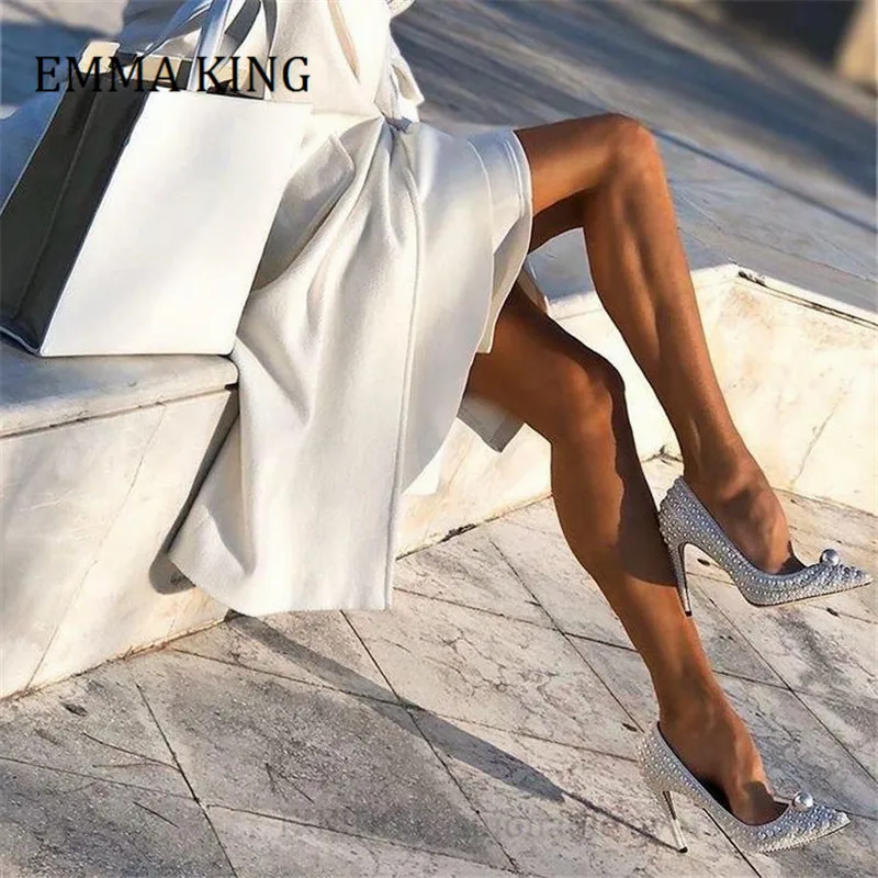 

2021 Spring Women Pearl Pumps 10.5cm Heels Pearl Embellished White Wedding Pumps Pointy Toe Party Banquet Brand Dress Shoe Women