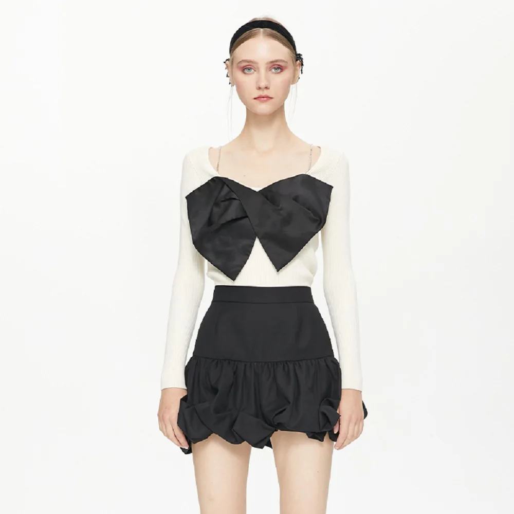 

Designer Brand Knitted Stretch Bowknot Casual Ladies' Tops T-shirts 2022New Women's Fashion High-quality All-match Pullovers bra