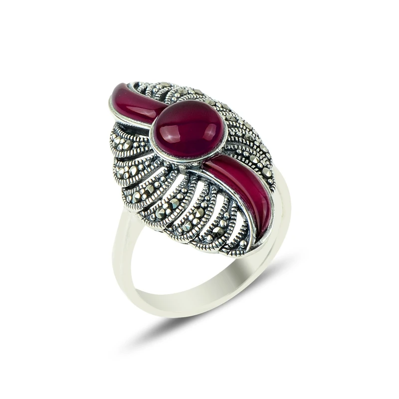 

Серебряное 925 пробы кольцо из марказита и агата