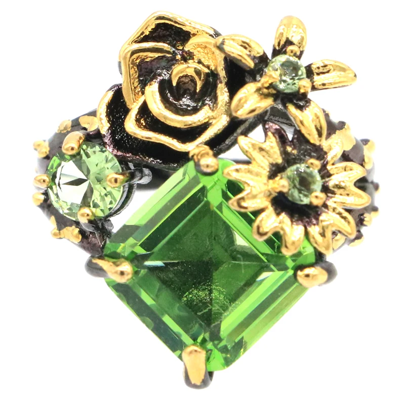 

24x20mm Neo-Gothic Forest Created 7.2g Pink Tourmaline Green Tsavorite Garnet Black Gold Silver Rings
