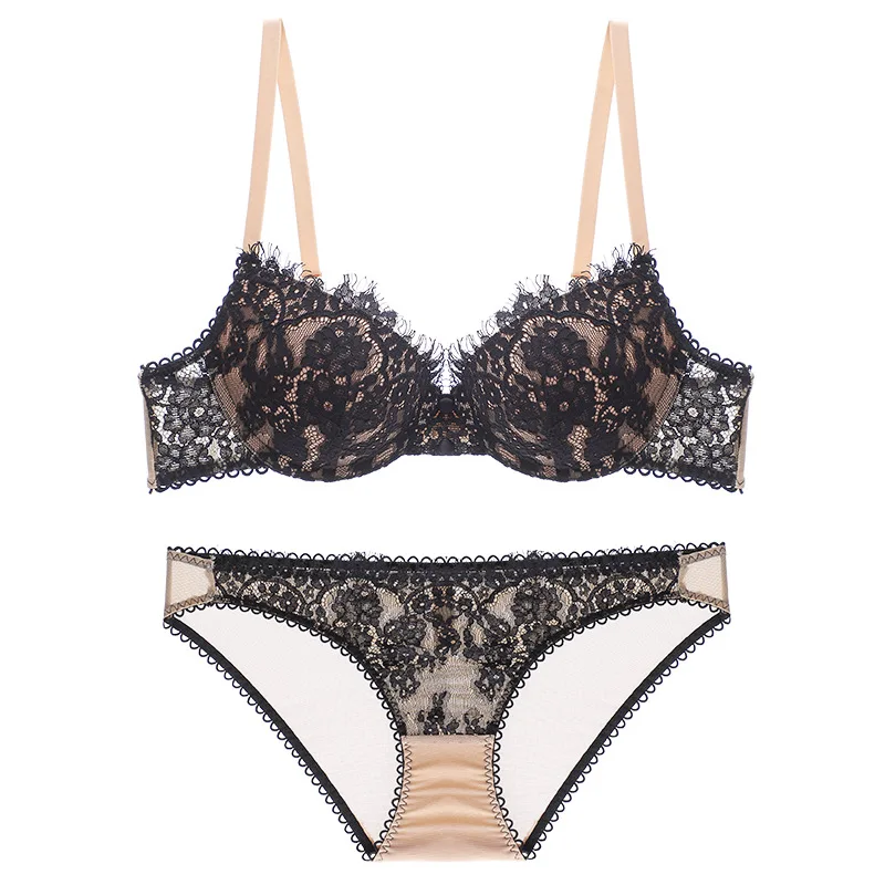 

French Lace Bra Set Sexy Women Underwie Push Up Brassiere Panties Thong Set Adjustable Strap Underwear Black Bra Briefs Set