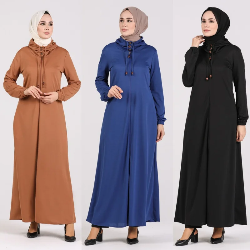 

Hooded Zippered Long Abaya Long Sleeve Button Detailed 4 Season Plus Size Women Muslim Fashion Hijab islamic clothes chic Dubai