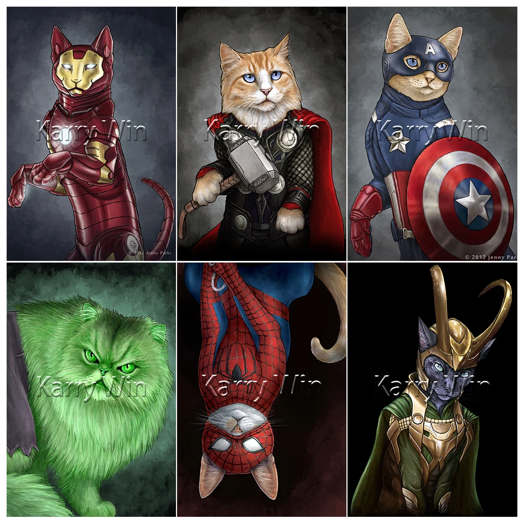 5D Diamond Painting Marvel Series Cat Version Avengers Animal Art Embroidery Kit Cross Stitch Hobby Mosaic Home Decor Gifts