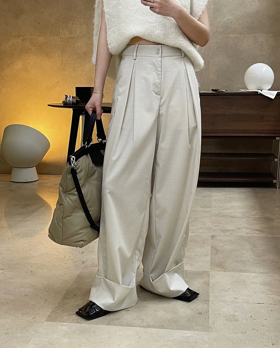 fashion woman classic straight wide trousers with waist ribbon