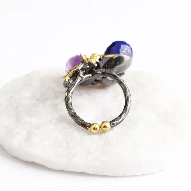 

Blue Lapis Lazuli and Brown Purple Zircon Gold Plated Womens Silver Ring, Woman 925Silver Zircon Handmade Ring, Multicolor