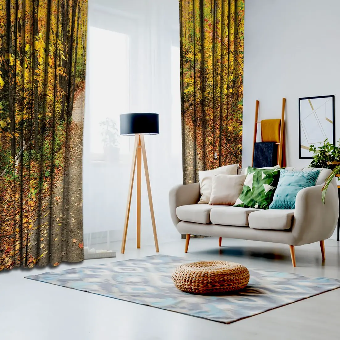 Занавес дорожка бегущая по лесным деревьям с красочными листьями в осенний сезон