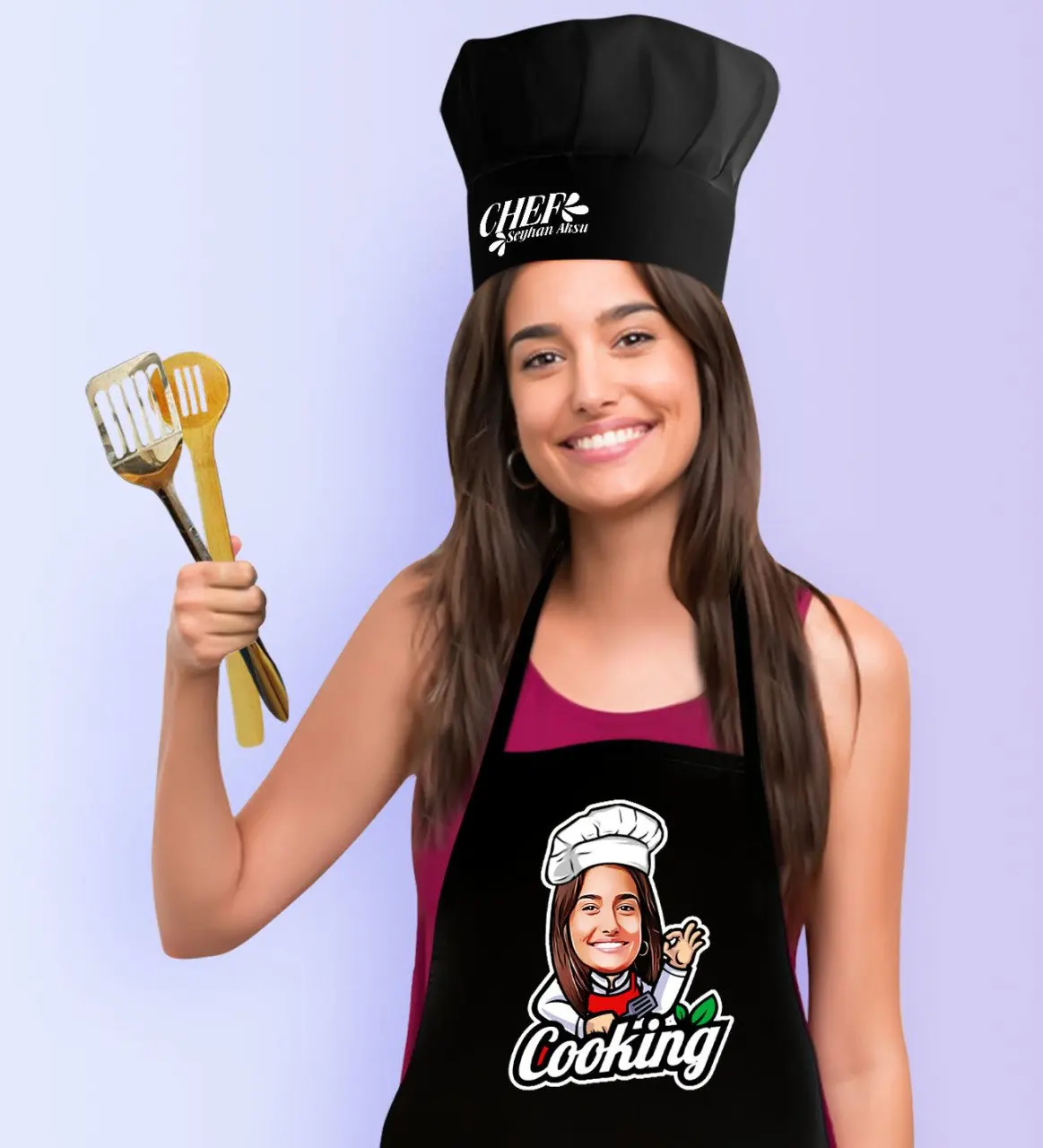 Персонализированные Женские повара карикатура черный Кухонный Фартук шляпа Seti 14