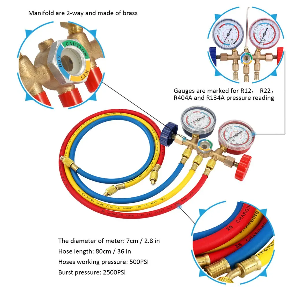 

Refrigerant Manifold Gauge Set Air Conditioning Tools with Hose and Hook for R12 R22 R404A R134A Air Condition