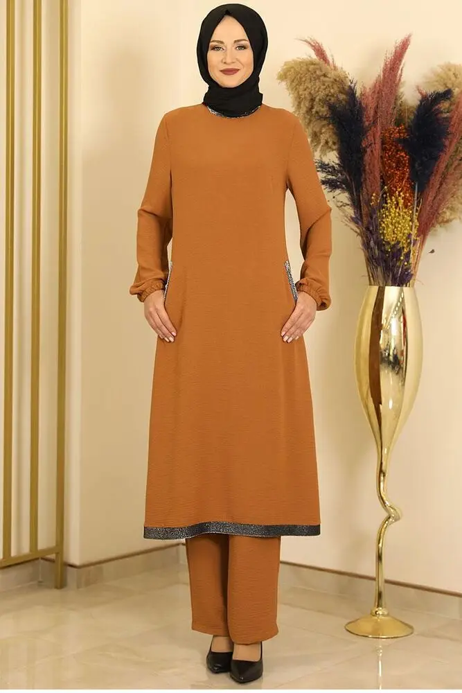 

Tan colour two pieces women dress. Elegant and quality. Muslim dress. New season fashion. Made in Turkey. Kaftan. Caftan
