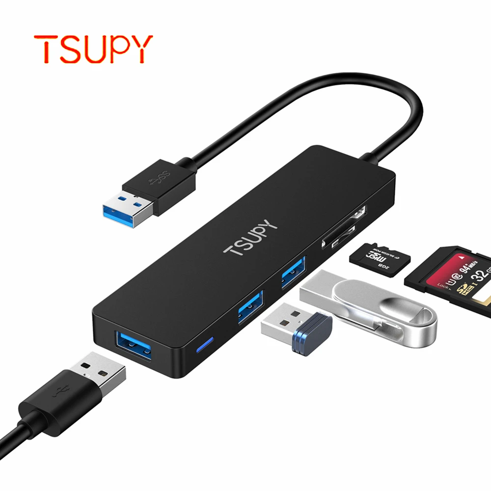 TSUPY тонкий размер usb-хаб USB 3,0-SD TF кард-ридер+ 3 USB 3,0 хаб для hp lenovo ASUS Macbook Air ПК ноутбук 1,2 м длинный кабель