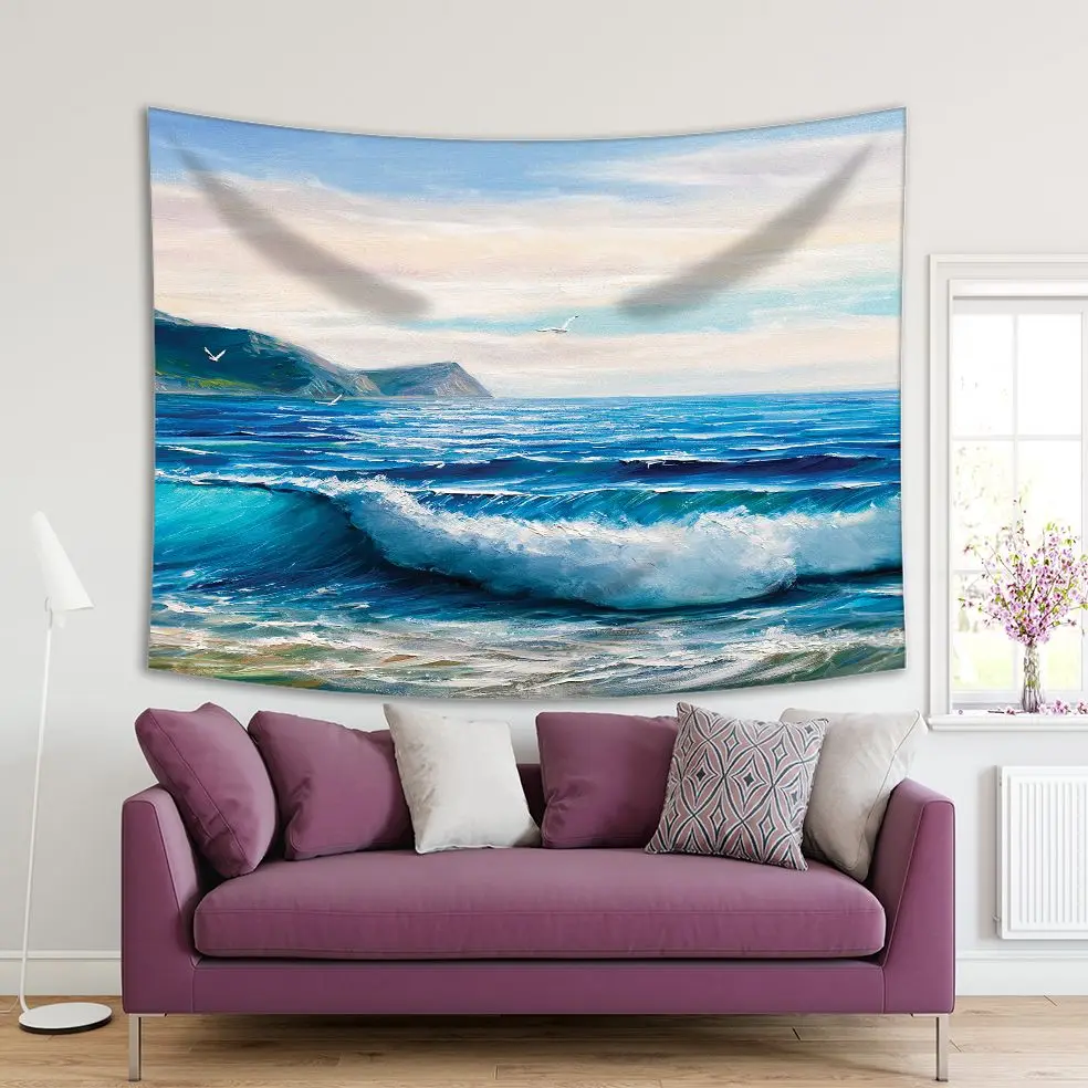 

Tapestry Sea Waves Seagulls Coulds Sky Summer Morning at Beach Ocean Nature Oil Painting Blue White