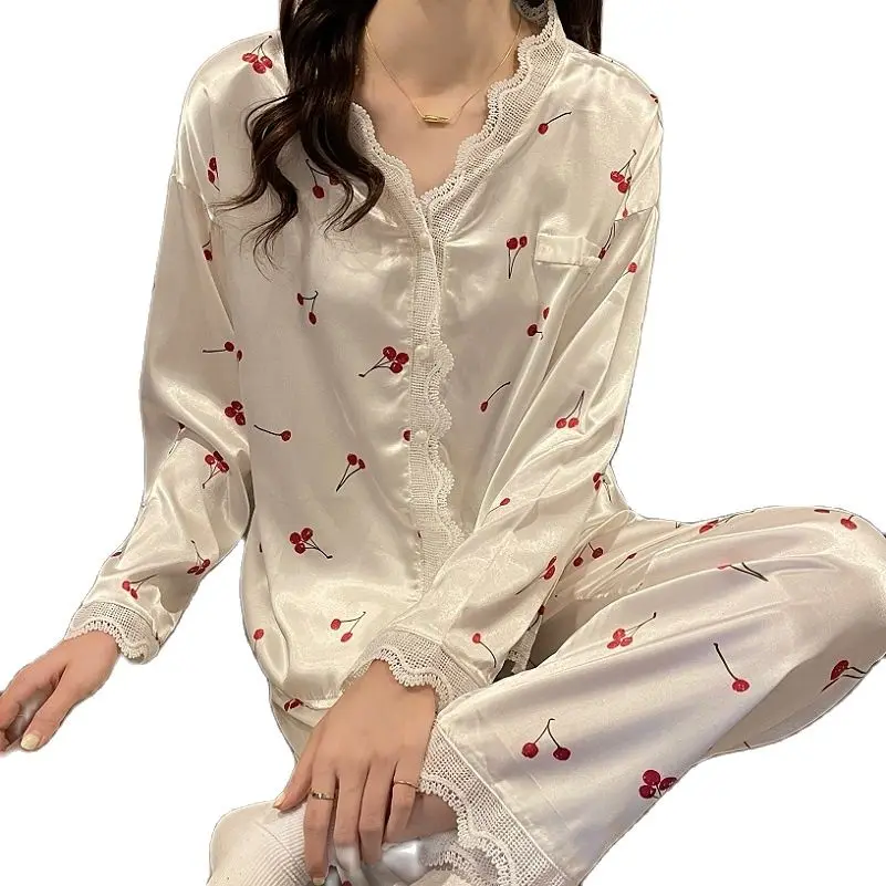 

female nightie home dress set cherry pattern long sleeve pajamas set