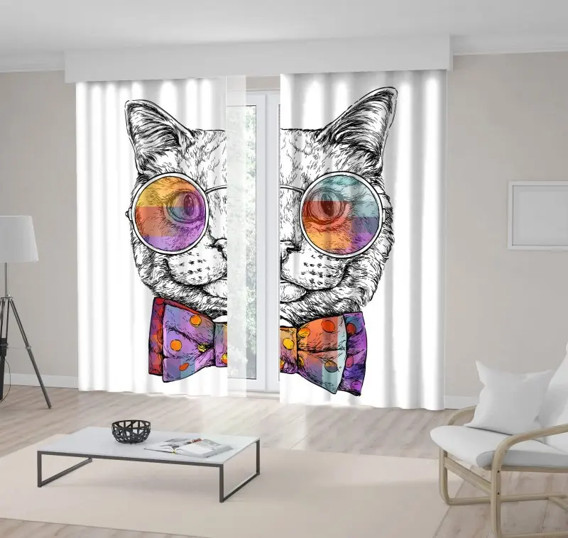 

Curtain Smart Cat Wearing Glasses and Bow Tie Polka Dots Fashion Icon Funny Cartoon Printed Gray Purple Yellow