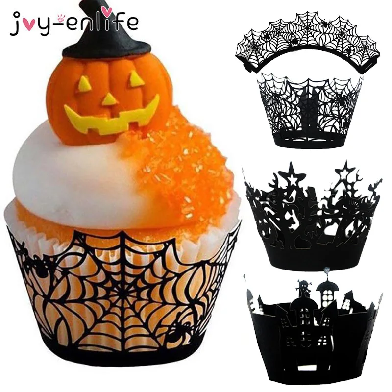 

12pcs Halloween Cupcake Wrapper Baking Cup Hollow Paper Cake Wrapper Witch Spiderweb Castle Halloween Party Decoration Supplies