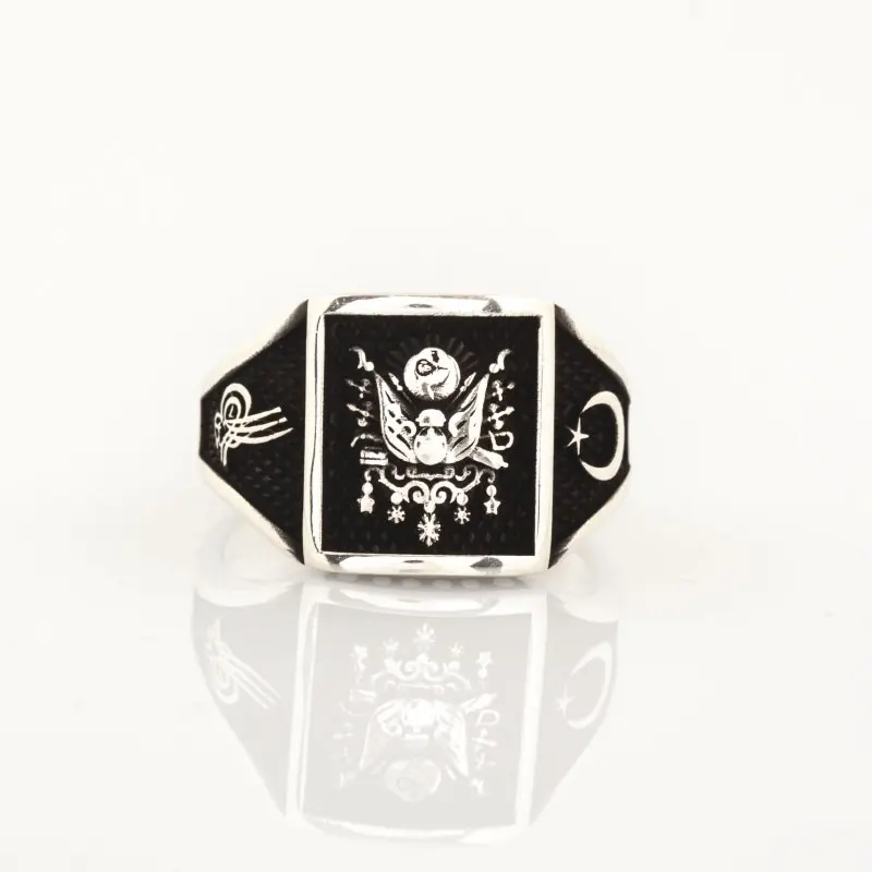 

925 Sterling State Coat of Arms Model Moon and Star, Tugra Patterned Silver Ring Turkish Premium Quality Handmade Jawelery