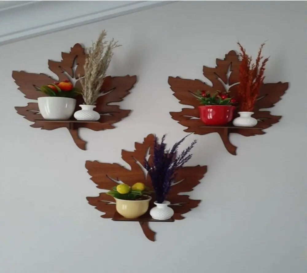 

3 Piece Wooden Wall Ornament Shelf Leaf Candle Holder Wall Decor Sconce Table Object Stylish Antique 30x23